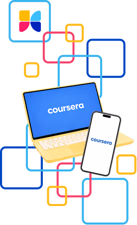Laptop y smartphone mostrando el logo de Coursera, con contornos de cuadrados interconectados y coloridos en el fondo.