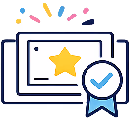 Ilustración de una tarjeta con una estrella amarilla y una cinta con una marca de verificación azul, simbolizando certificación o aprobación.