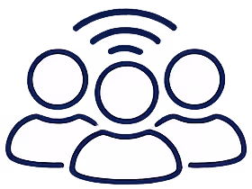 Ícono de tres personas estilizadas conectadas por una señal inalámbrica sobre la figura central, representando un grupo conectado o participantes.