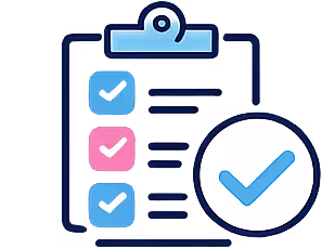 Portapapeles con una lista de verificación que contiene tres cuadros de colores y un gran círculo azul con una marca de verificación.