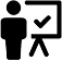 Ícono de una persona de pie junto a una pizarra de presentación con una marca de verificación.